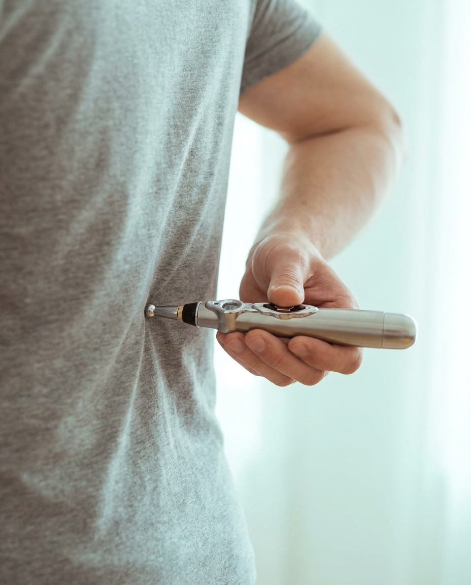 Reaching behind to use the AcuNova pen on the lower back beside the spine
