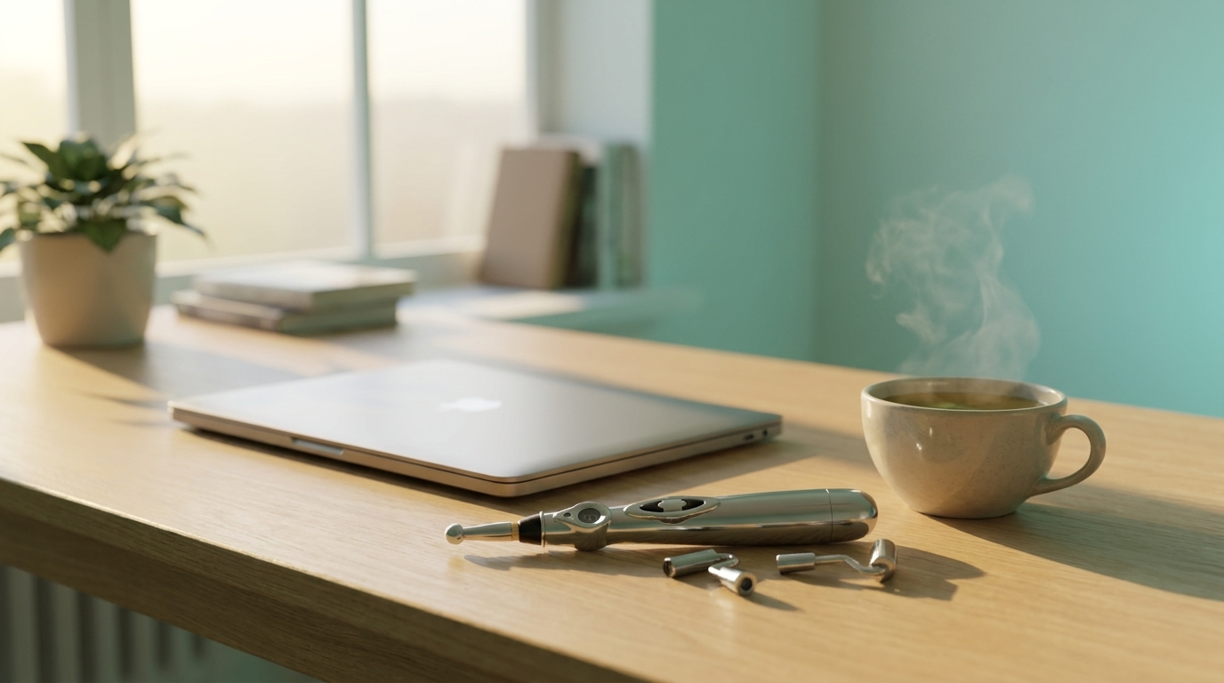 The AcuNova pen resting on a desk beside a closed laptop and a cup of tea