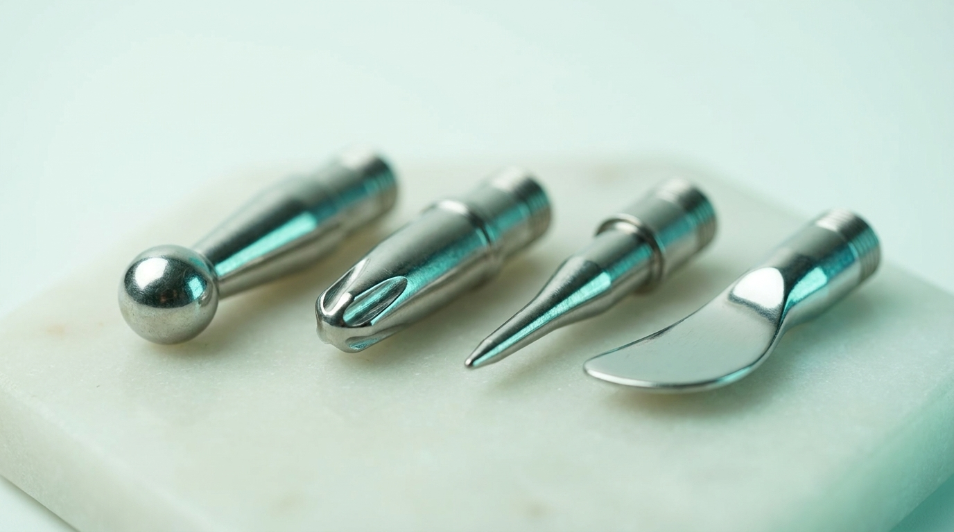 The four interchangeable AcuNova heads in a row: rounded ball, multi-point, fine point and flat spoon