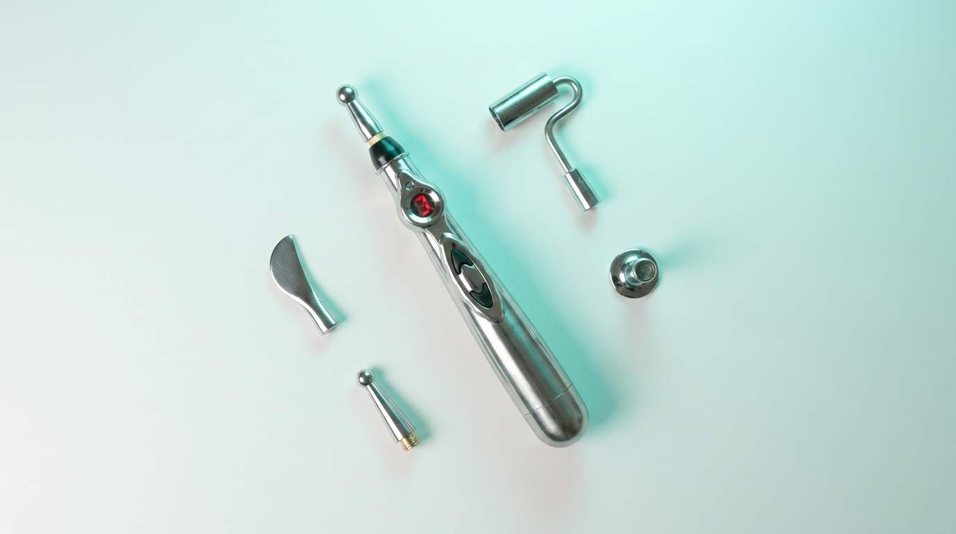 The AcuNova pen laid out with its interchangeable heads and storage case