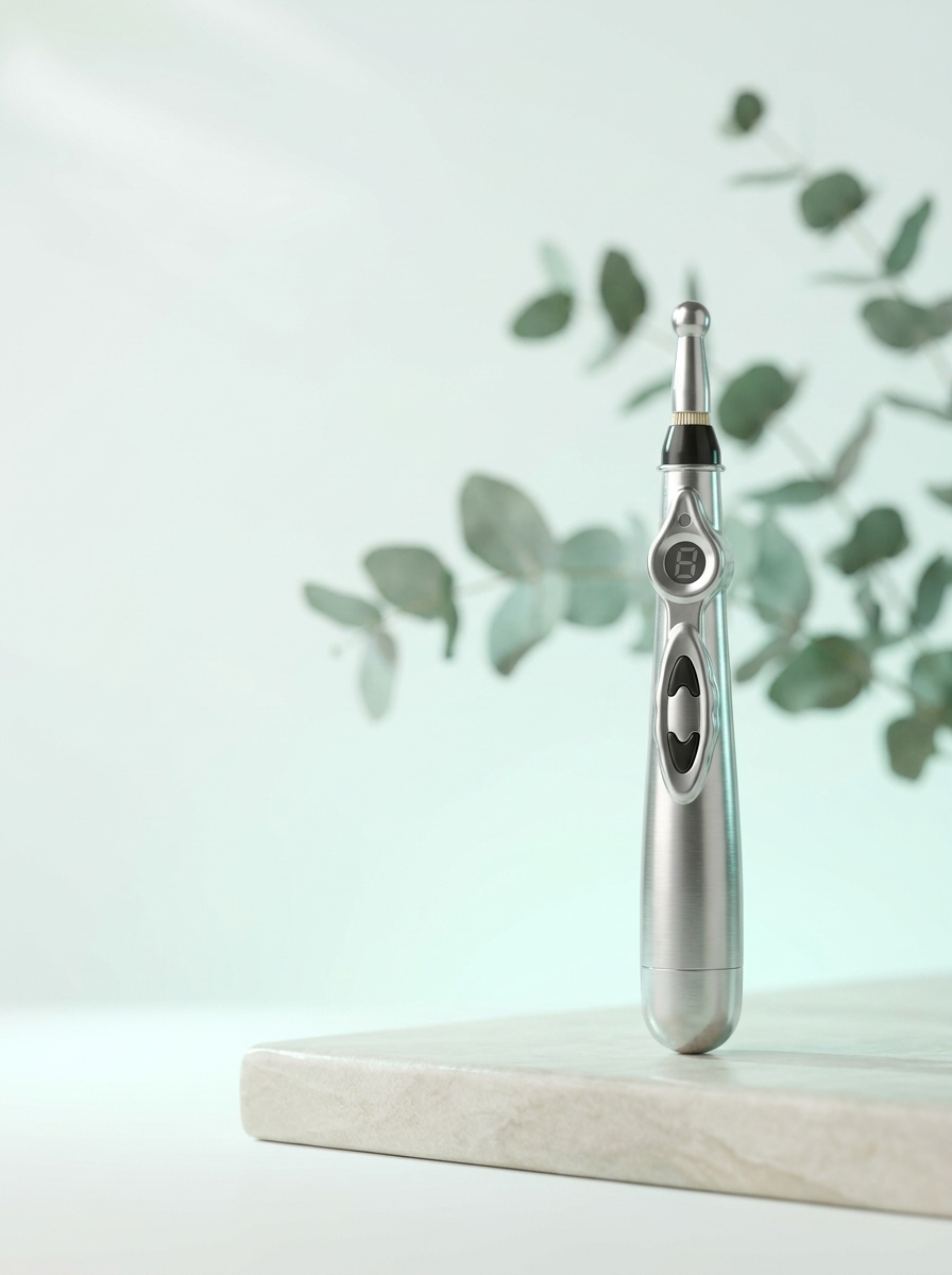 The AcuNova acupressure pen standing upright on a pale stone ledge in soft daylight