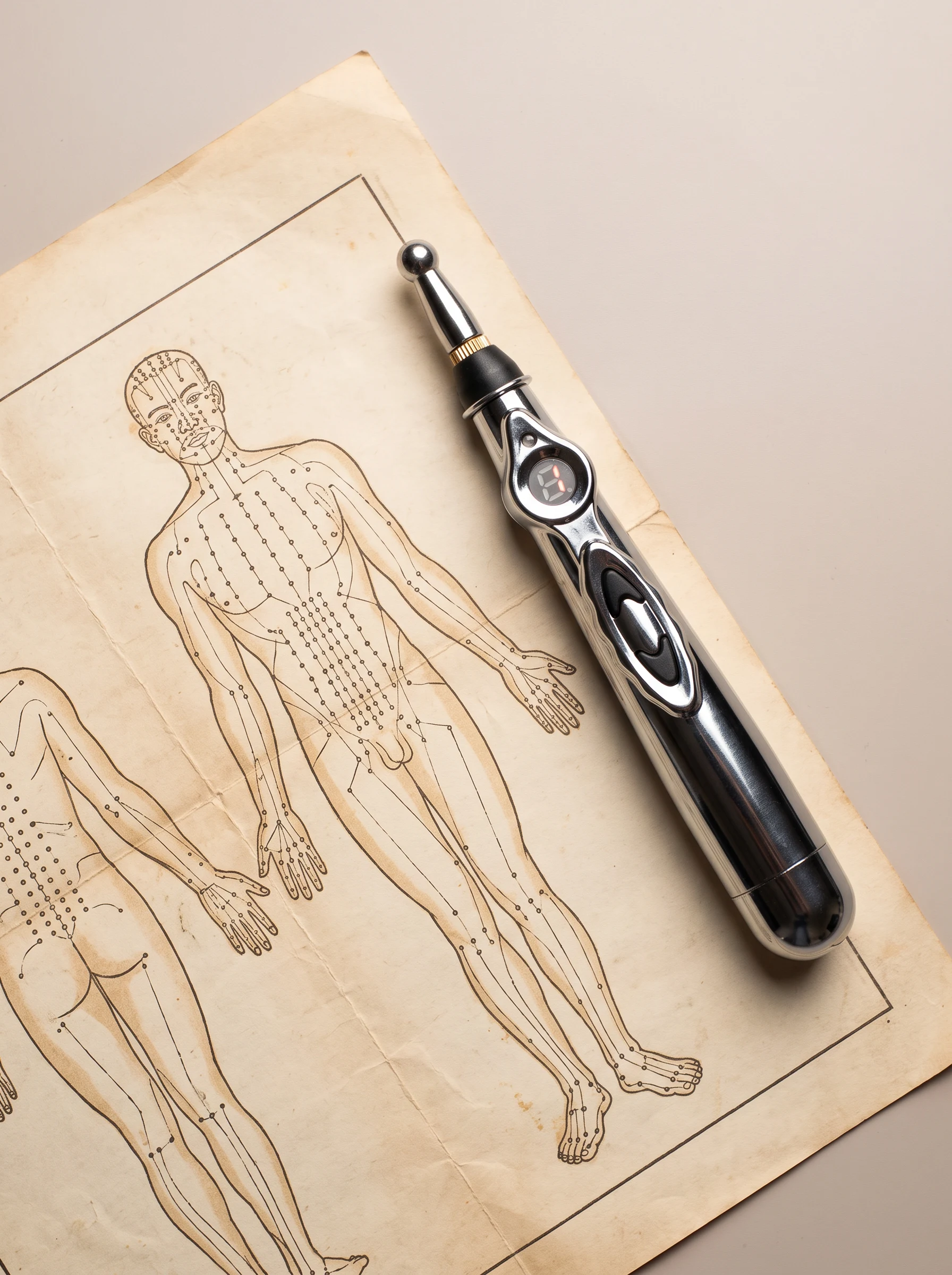 An old acupressure point chart on paper beside the AccuPenPro pen